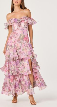 ASTR the Label Wilder Floral Off the Shoulder Tiered Maxi Dress in Pink Lilac Floral at Nordstrom, Size X-Small