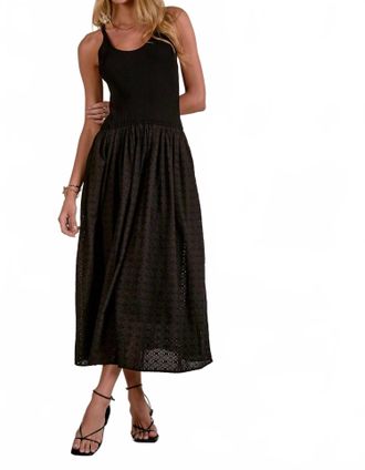 Elan Ribbed Tank Eyelet Bottom Mixed Media Dress In Black