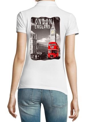 Generic London England Big Ben and Red Bus White Womens Polo T-Shirt Medium