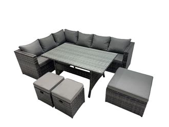 Fimous Outdoor PE Rattan Sofa Set with with 3 Stools in Dark Grey