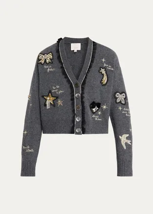 Cinq &agrave; Sept Holiday Doodles Embroidered V-Neck Cardigan