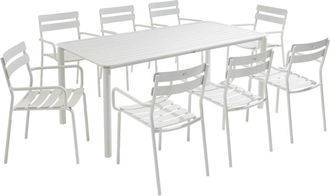 Oviala Mesa de jard&iacute;n cuadrada (185 x 92 cm) y 8 sillones blancos