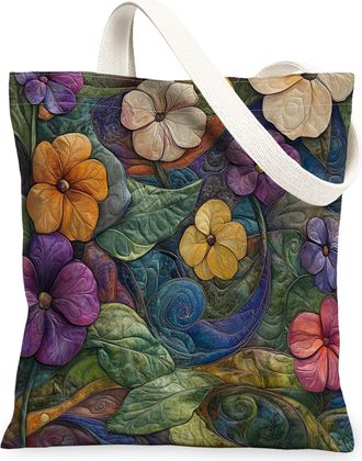 Generic Spring Petunias Flower Canvas Tote Bag for Shopping 13x15, Quilled Style Florals Reusable Grocery Print Pattern Bag for Women, Cool Aesthetic Beach Ae