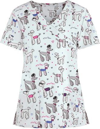 Generic Cute Scrubs Uniforms for Women Uniform Cat Grooming Cute Printed Nurses Uniform Lace up Nurses Scrubs Top Short Sleeve Beauty Tunics Tops Spa Salon Wo