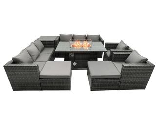 Fimous Rattan Garden Furniture Firepit Dining Set 10 Seater Lounge Sofa Table Set with side table 2 big Footstool in Dark Grey