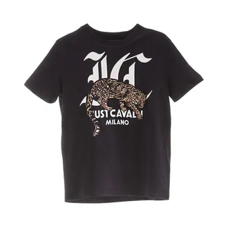 Just Cavalli T-Shirts, female, Black, Size: S T-Shirt Logo Leopardo