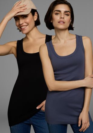 Flashlights Tanktop FLASHLIGHTS, Damen, Gr. 52/54 (XXL), blau (blau, schwarz), Feinripp, Obermaterial: 100% Baumwolle, unifarben, Basic, sehr figurbetont h&uuml;ftbede