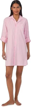 Lauren Ralph Lauren Long Sleeve Roll Tab His Shirt Sleepshirt Womens Pajama Pink Stripe : XL (US 16-18), Cotton