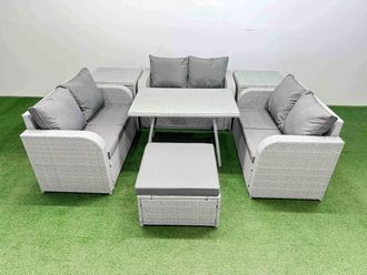 Fimous 7-seater Patio Rectangular Table Love Sofa Set with 2 Side Tables in Light Grey