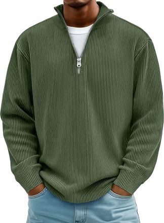 Generic Mens Simple Casual Ribbed Stand Collar Zipper Long Sleeve T-Shirt, Mens Daily Loose Long Sleeve Shirt (Army Green,X-Large)