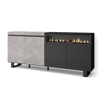 Skraut Home Aparadores Para Sal&oacute;n, Gran Capacidad De Almacenaje, 200x87x35cm, 4 Puertas, Chimenea El&eacute;ctrica, Dise&ntilde;o Industrial, Estilo Moderno, Gris Cemento - Skr