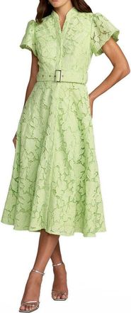 Mac Duggal High Neck Lace Puff Sleeve Belted Midi Dress in Sage at Nordstrom, Size 12