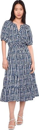 Calvin Klein Puff Sleeve Commuter Tiered Maxi Womens Dress Indigo Stony Beige : 8, Polyester