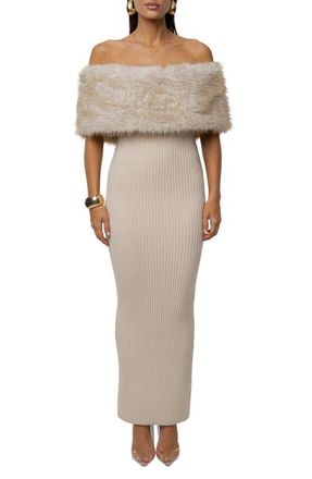 JLUXLABEL Hour Faux Fur Detail Off-the-Shoulder Rib Knit Dress in Beige at Nordstrom, Size X-Small