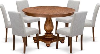 East West Furniture 7-Piece Dinette Set - Kitchen Pedestal Table and 6 Doeskin Color Parson Wood Chairs with High Back