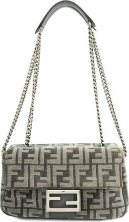 Fendi Chain Baguette Zucca Viscose Gray Viscose Handbag (Pre-Owned)