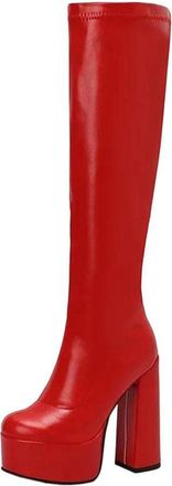 Generic Women Knee High Stretch Boots Winter Warm Thick Heel Slim Fit Side Zipper Casual Boot