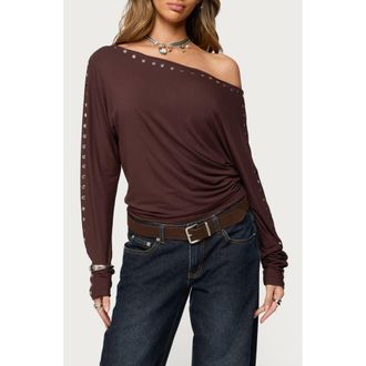 Edikted Paola Stud One-Shoulder Top in Brown at Nordstrom, Size X-Small