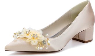 Generic Women Wedding Satin Chunky Heels Prom Shoes Low Heel Bridal Shoes Slip-On Evening Dressy Pumps 4.5Cm,Champagne,10 UK