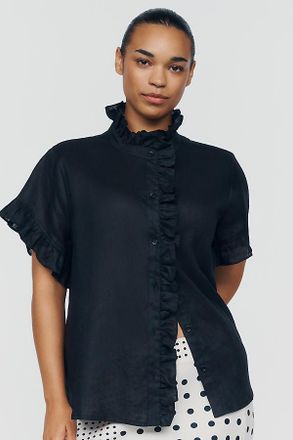 English Factory Linen Blend Ruffle Shirt Top