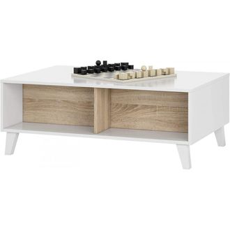 HOGAR 24 Mesa centro elevable con 2 huecos blanco brillo y roble canadian