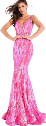 Jovani Plunging Neckline Fitted Dress In Hot Pink