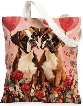 Generic Valentines Day Cavachon Dog Canvas Tote Bag for Shopping 13x15, Fun Couple Puppy Reusable Grocery Print Bag for Women, Lover Beach Aesthetic Painting 