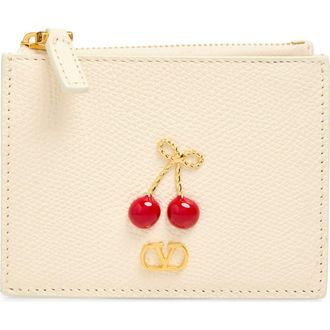 Valentino Garavani Cherryfic Leather Card Case in Light Ivory at Nordstrom