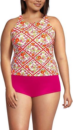 Lands End Plus Size Tugless High Neck Strappy Back Tankini Top in White/orange Scarf Floral at Nordstrom, Size 24W