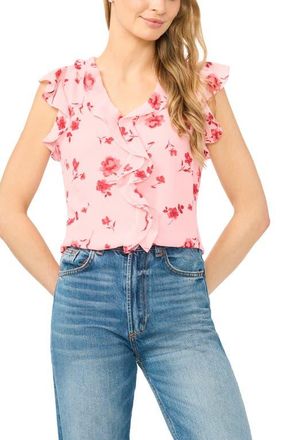 CeCe by Cynthia Steffe Ditsy Floral Ruffle Trim Top in Coral Bloom at Nordstrom, Size Xx-Small