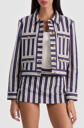 Alice & Olivia Alex Stripe Boxy Jacket in Metro Stripe Twilight Blue at Nordstrom, Size X-Small