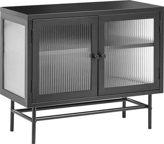 Beliani Aparador Moderno De Acero Con Vidrio Acanalado 2 Puertas Y Estantes Ajustables Negro Devon