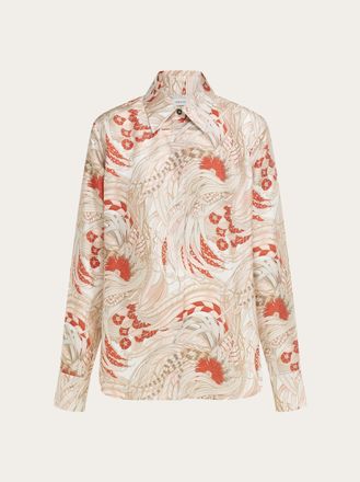 Ferragamo Women Silk Twill Shirt with Feather Print Pink