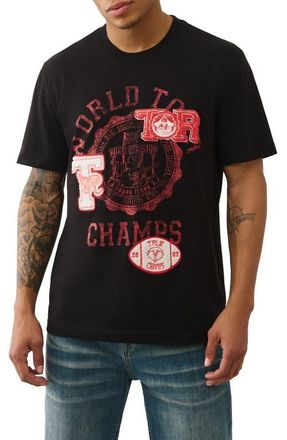 True Religion World Tour Champs Boucl&eacute; Patch Cotton Graphic T-Shirt in Jet Black at Nordstrom, Size Xxx-Large