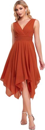 Ever-pretty Womens Double V Neck Empire Waist Midi Asymmetrial Hem Short Prom Homecoming Dresses Burnt Orange 20UK