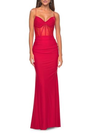 La Femme Jersey Dress with Illusion Waist and Bustier Top in Red at Nordstrom, Size 00