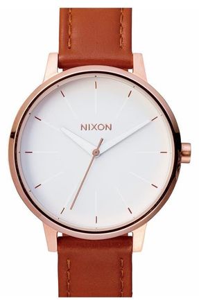 Nixon The Kensington Leather Strap Watch, 37mm in Brown/Rose Gold/White at Nordstrom