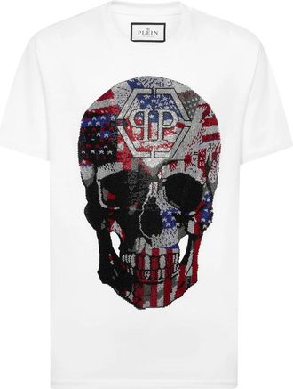 Philipp Plein Round Neck T-Shirt Skull America - Heren - T-shirts - Wit - M - Katoen - Tops