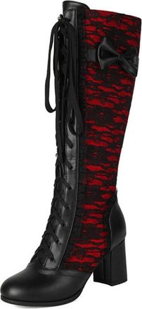 Generic Womens Elegant Bow Patchwork Knee High Riding Boots Round Toe Chunky Heel Lace Up Winter Shoes for Party Wedding (Red,8.5)