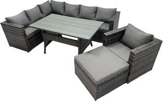 Fimous Fimous Outdoor PE Rattan Sofa Set with Dining Table Patio Garden Furniture Sets with Chair Big Stool Dark Grey Mixed