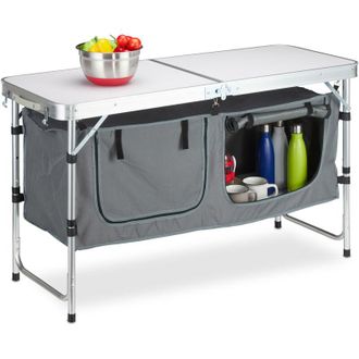 Relaxdays Relaxdays Mesa Camping Plegable, Altura Regulable, Estable, Almacenaje, Aluminio Y Mdf, 120 X 47 Cm, Plateado/blanco