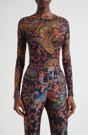 Etro Paisley Fitted Mesh Top in Print On Blue Base at Nordstrom, Size 10 Us