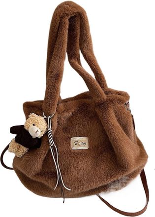 Generic Womens Plush Bags Fluffy Womens Handbag Winter Plush Shoulder Bag Large Capacity Fur Underarm(Brown,With pendant)