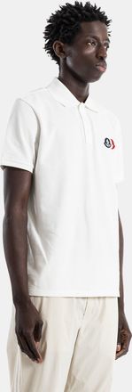 Moncler Mens Ivory White Cotton Piqu&eacute; Polo Shirt With Double Chest Tricolor Logo Patch T-Shirts And Polos