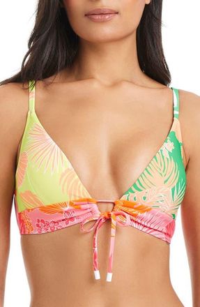 Sanctuary Tie Front Bikini Top in Green/Pink Multi at Nordstrom, Size Small