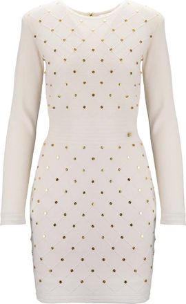 Elisabetta Franchi Short Dresses, female, Beige, Size: XL Crew-Neck Long-Sleeve Dress