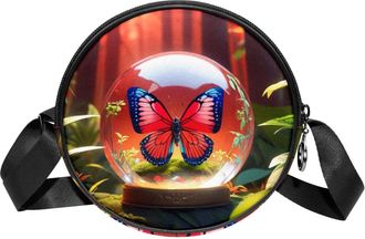 Generic Circle Crossbody Bag for Women, Butterfly Crystal Ball Small Sling Bag Daypack with Zipper Adjustable Shoulder Straps Casual Ladies Girls Round Purse