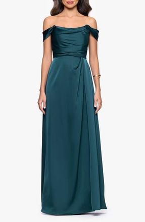 Betsy & Adam Heather Off the Shoulder Satin Gown in Pine at Nordstrom Rack, Size 10