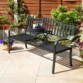 Home Source Industries Garden Bench Loveseat Black Centre Drinks Table Armrest Outdoor Patio