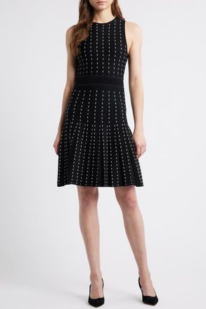 Anne Klein Stripe Pintuck Fit & Flare Dress in Anne Black/White Dove at Nordstrom, Size Xx-Small